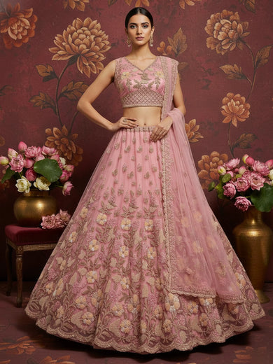 Charming Pink Dori Work Net Engagement Wear Lehenga Choli With Dupatta